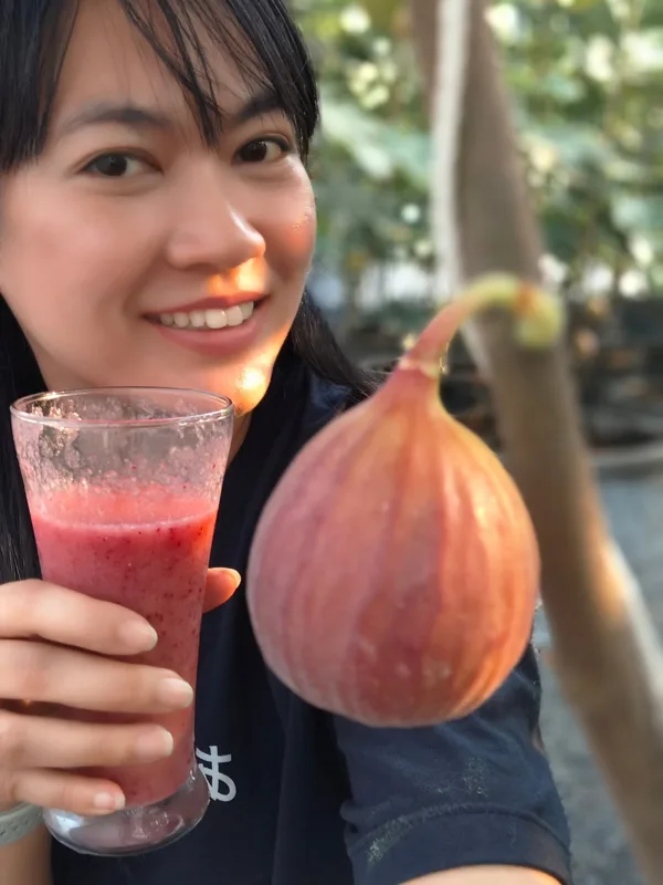 Our founder with a fresh fig and a fig smoothie in the orchard